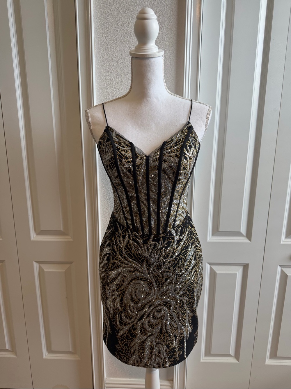 Stella Couture Size 4 Black Gold Silver Glitter Corset Mini Dress